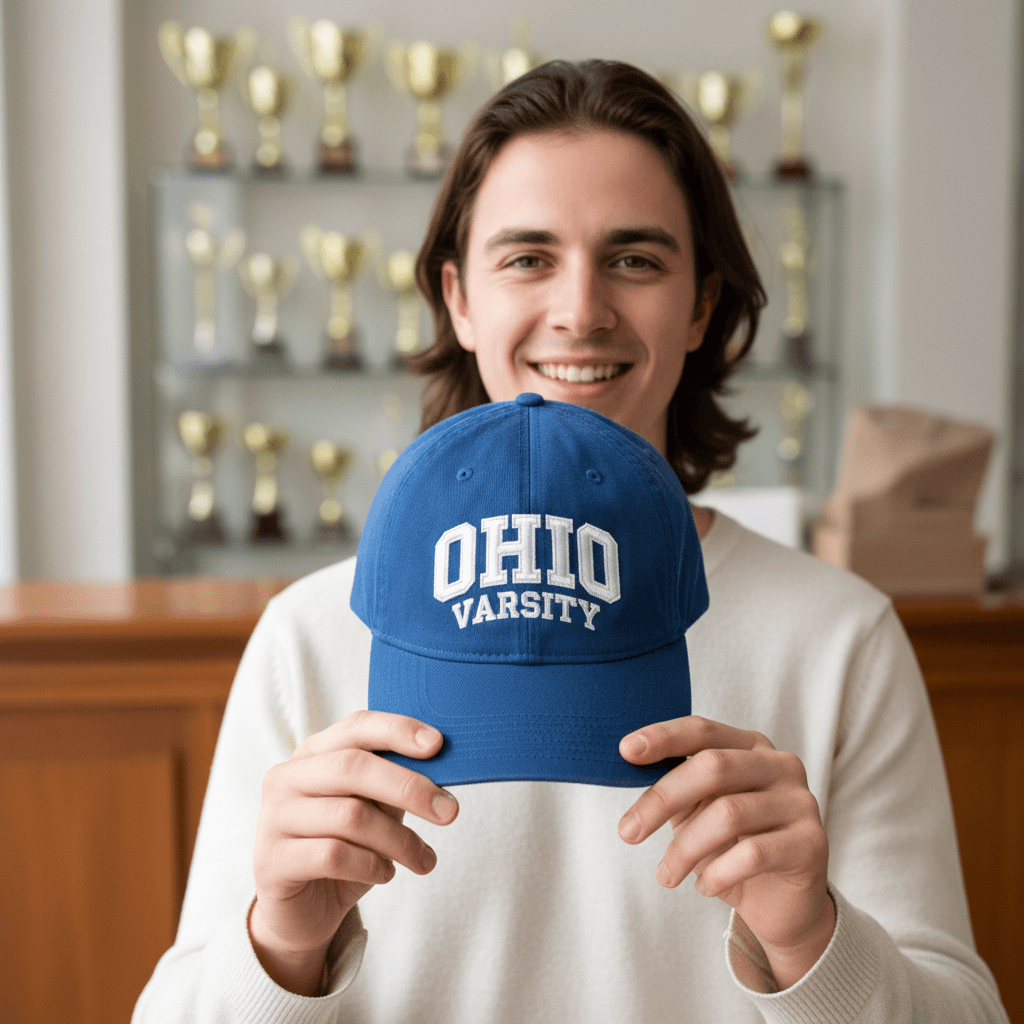 A young person holding a custom embroidered baseball cap