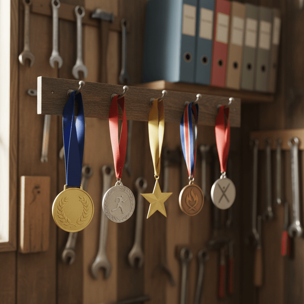 Row of medals hanging on a wooden rack
