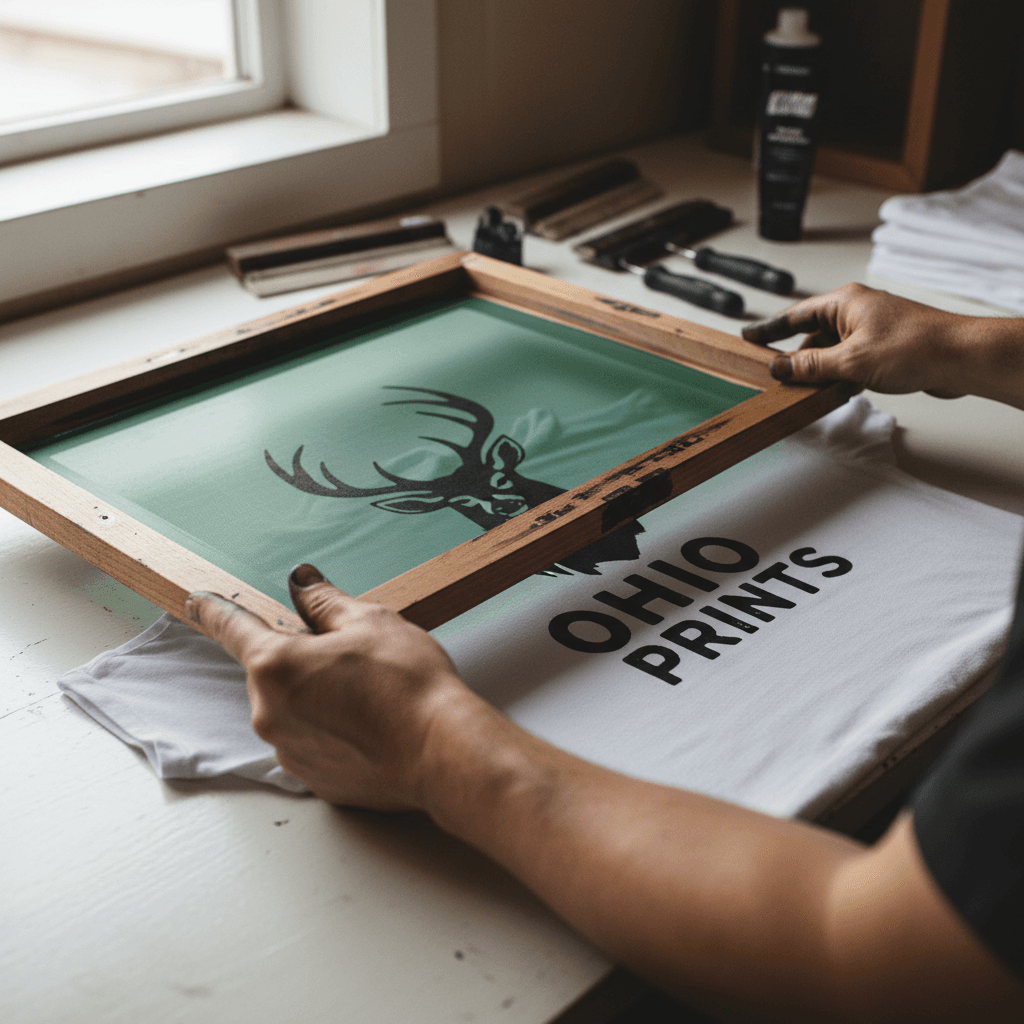 Close-up of hands holding a screen printing frame over a t-shirt