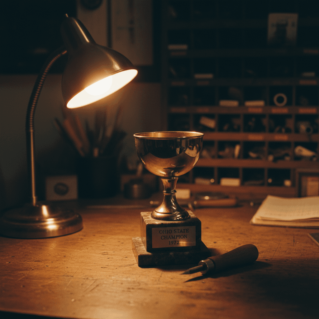 Single engraved brass trophy sitting on a wooden desk
