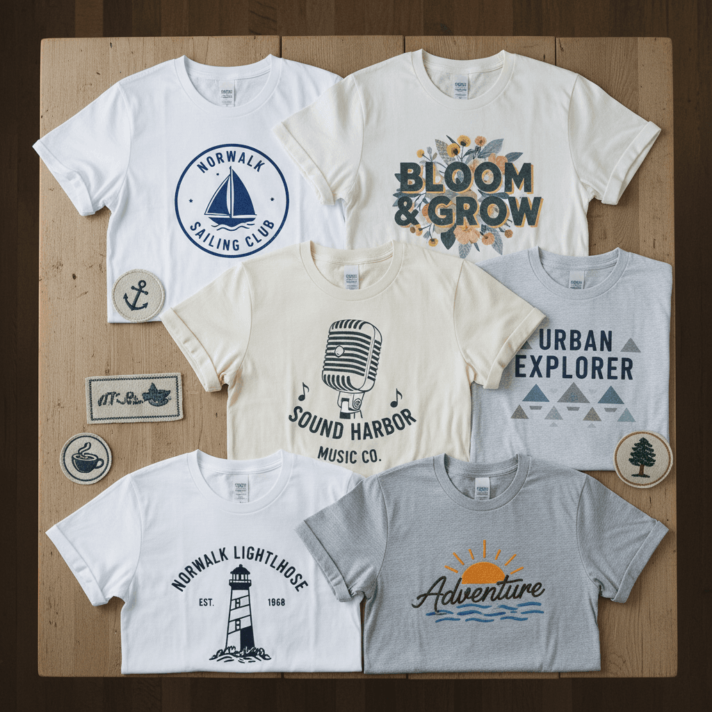 Flat lay of several finished custom t-shirts and embroidered patches