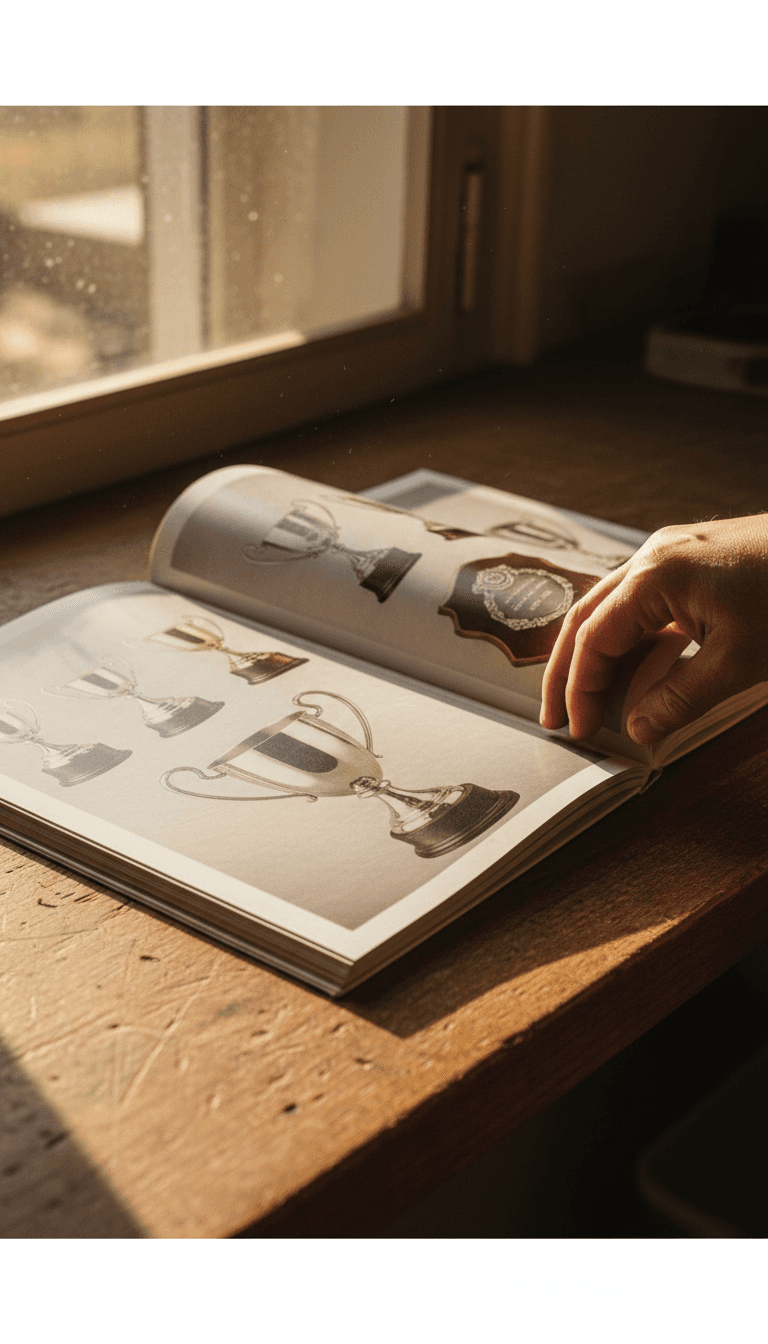 Hand flipping through pages of an awards catalog showing trophies and plaques