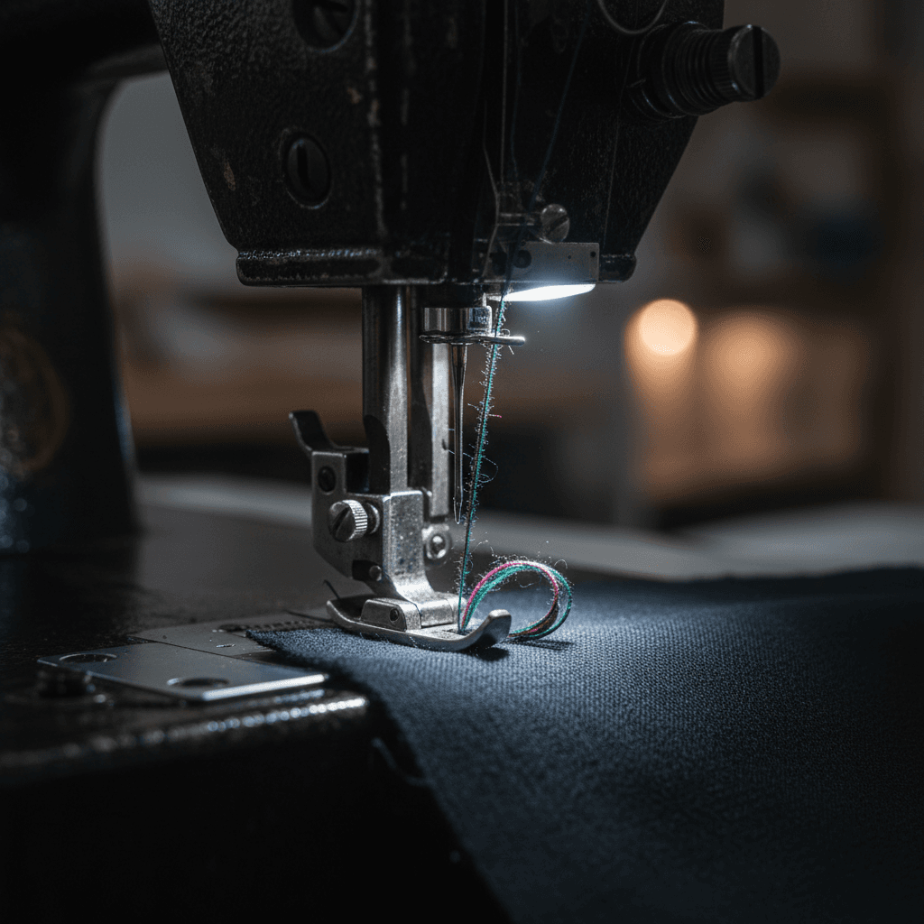 Close-up of embroidery thread feeding through a sewing machine needle