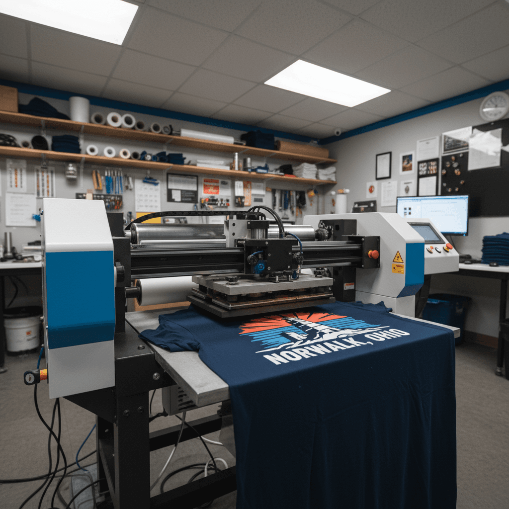 Wide shot of a DTF printer printing a custom t-shirt design