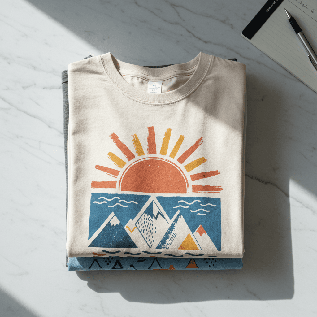 Stack of custom screen printed t-shirts in various colors
