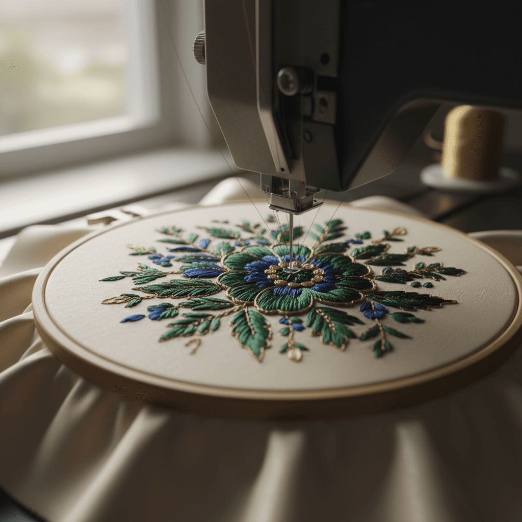 Embroidery machine stitching a custom design on a polo shirt