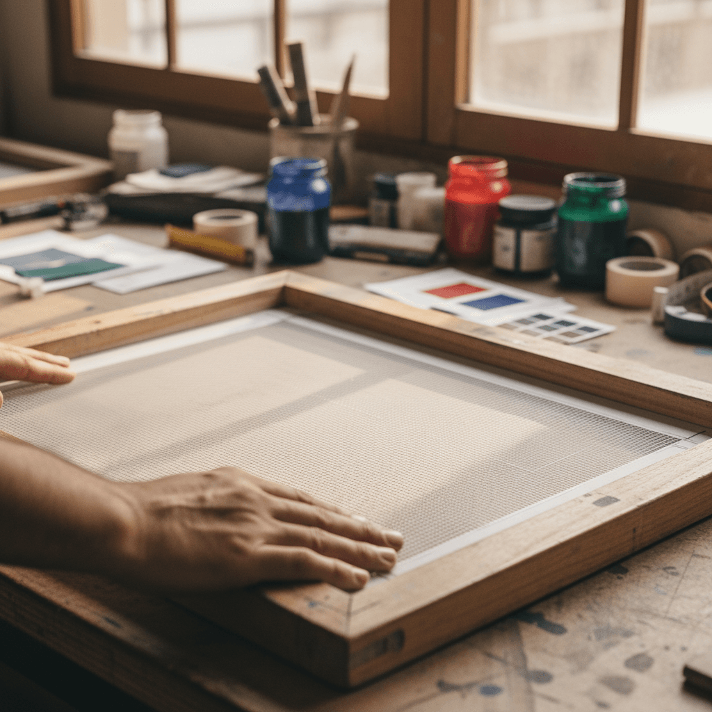 Hand adjusting screen printing press on a t-shirt