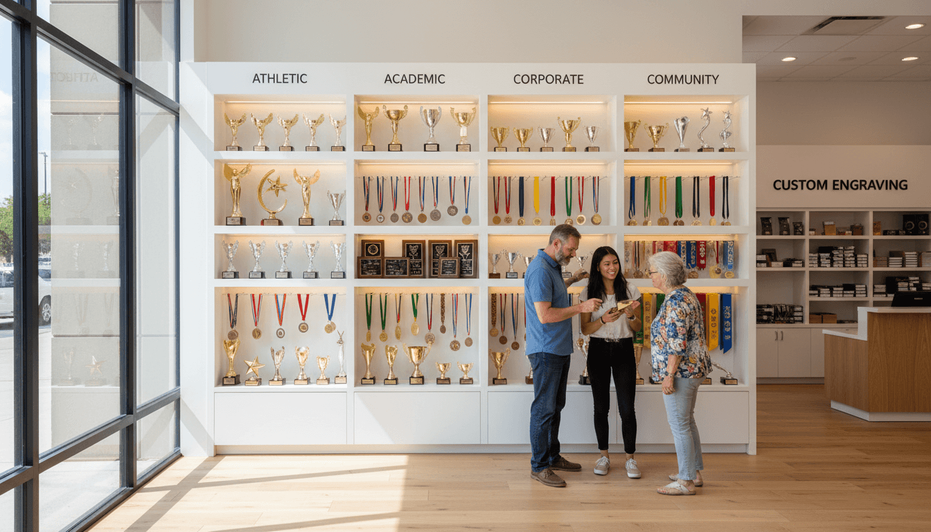 Display of trophies and plaques at Norwalk trophy shop