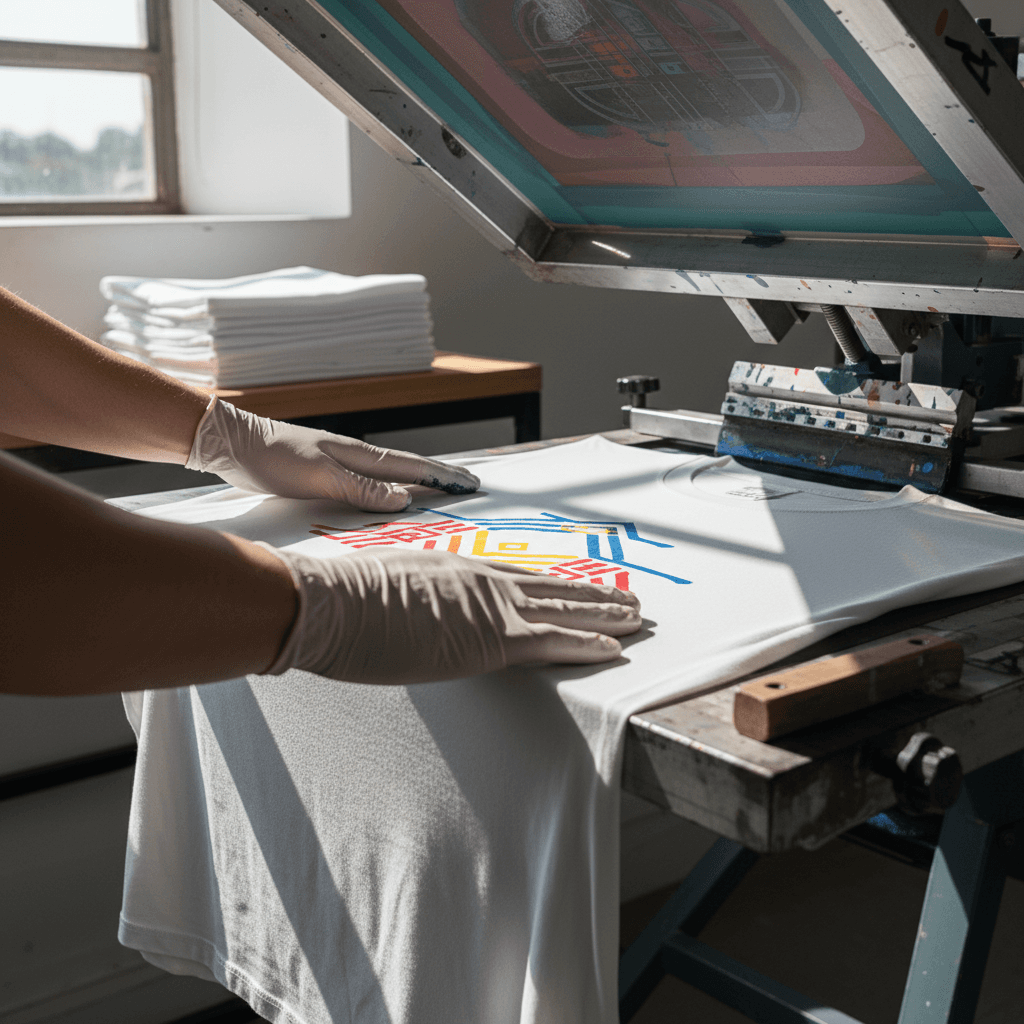 Screen printing press with fresh ink on a t-shirt