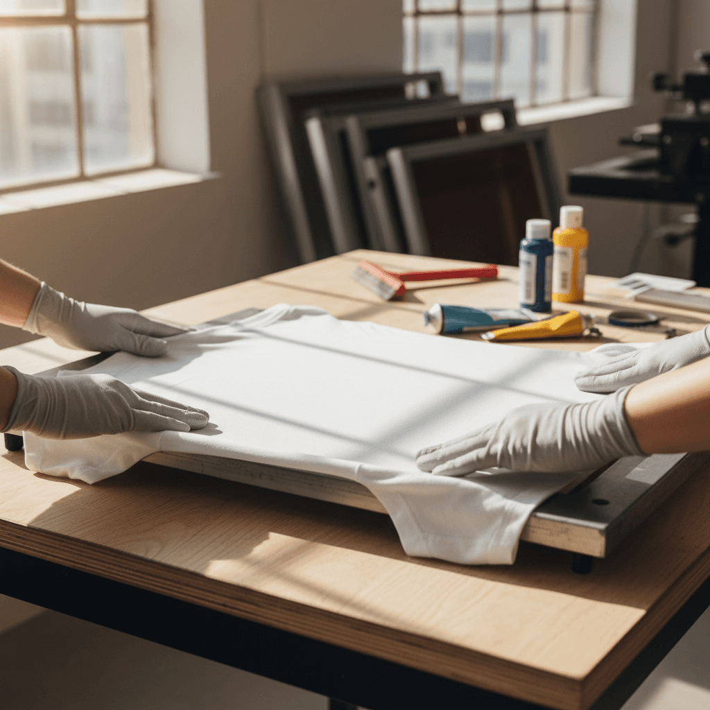 Screen printing technician positioning white t-shirt onto printing surface in bright workshop with natural light