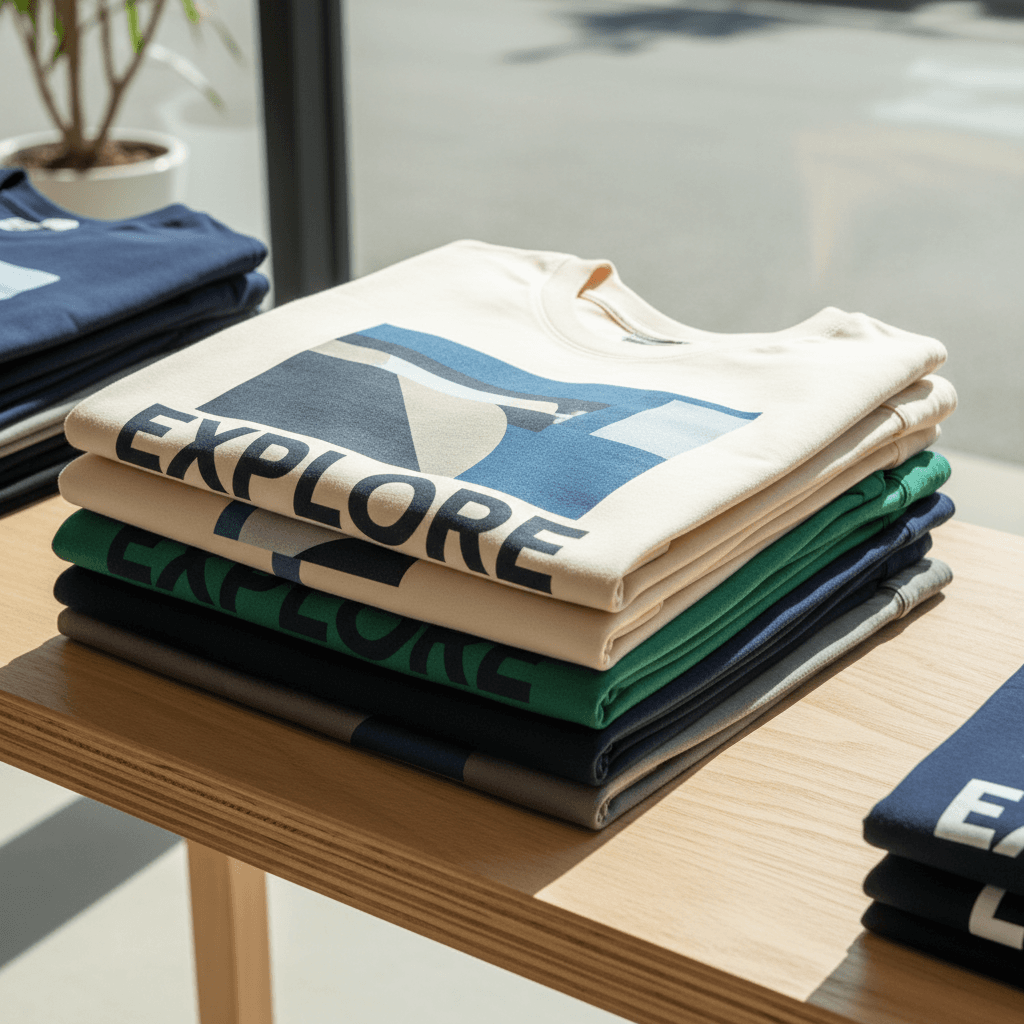 Freshly printed t-shirts stacked on a counter