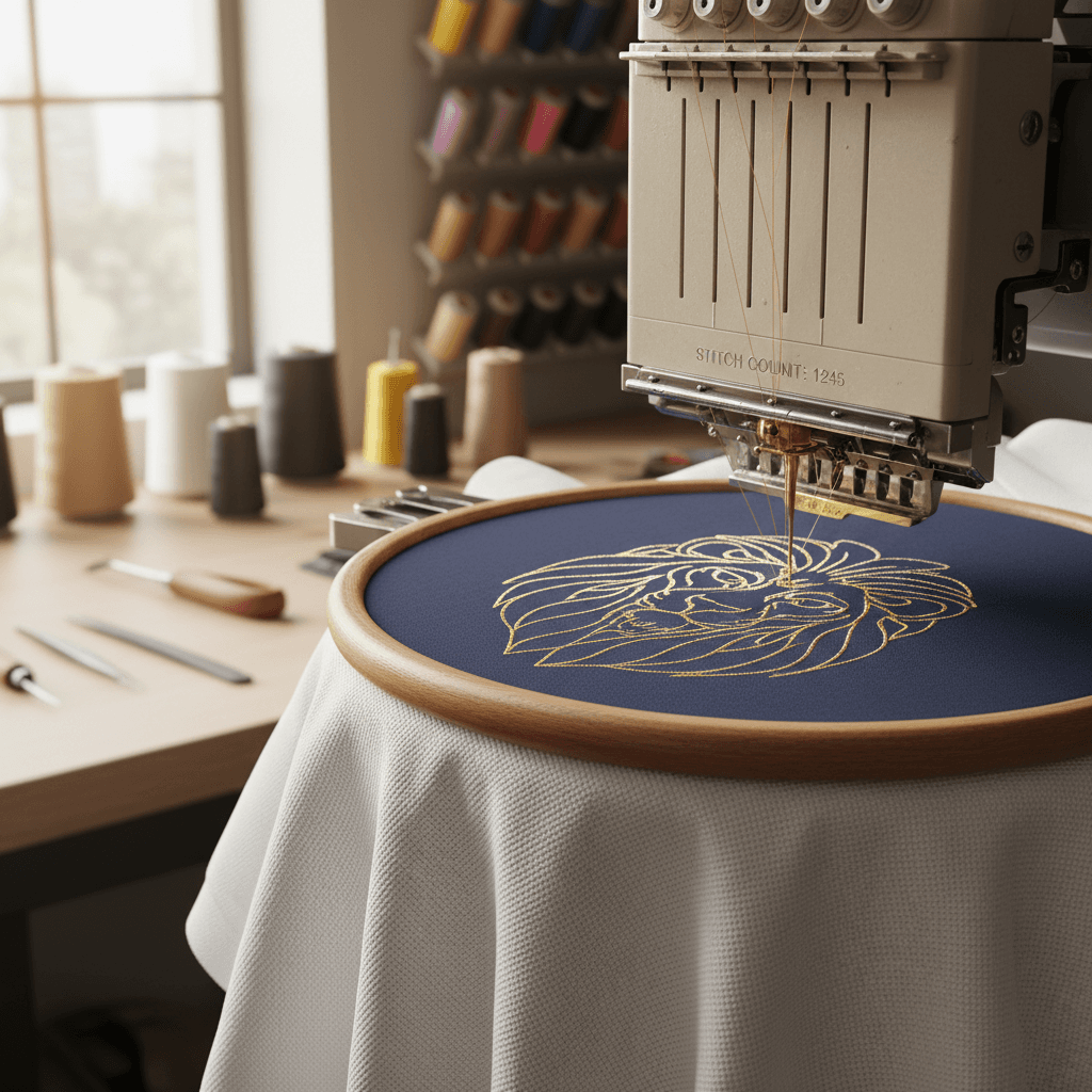 Embroidery machine stitching a logo on a hat