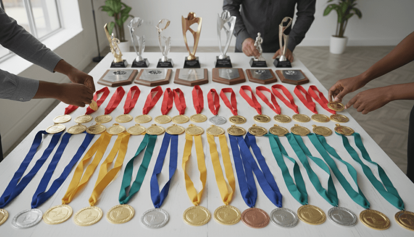 Row of various sports trophies with engraved name plates